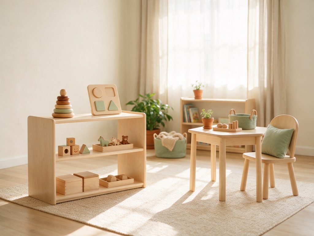 Ambiente Montessori preparato in casa: scaffale basso, materiali in legno e tavolo a misura di bambino